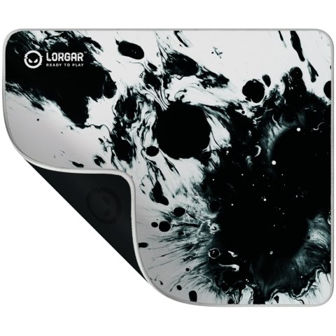 Full print white and black design, Bottom is black rubber with embossed LORGAR logo, with double side edge stitching