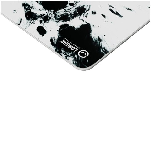 Full print white and black design, Bottom is black rubber with embossed LORGAR logo, with double side edge stitching