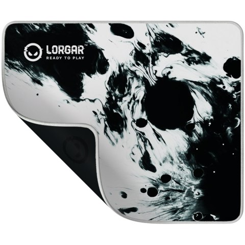 Full print white and black design, bottom is black rubber with embossed LORGAR logo with double side edge stitching